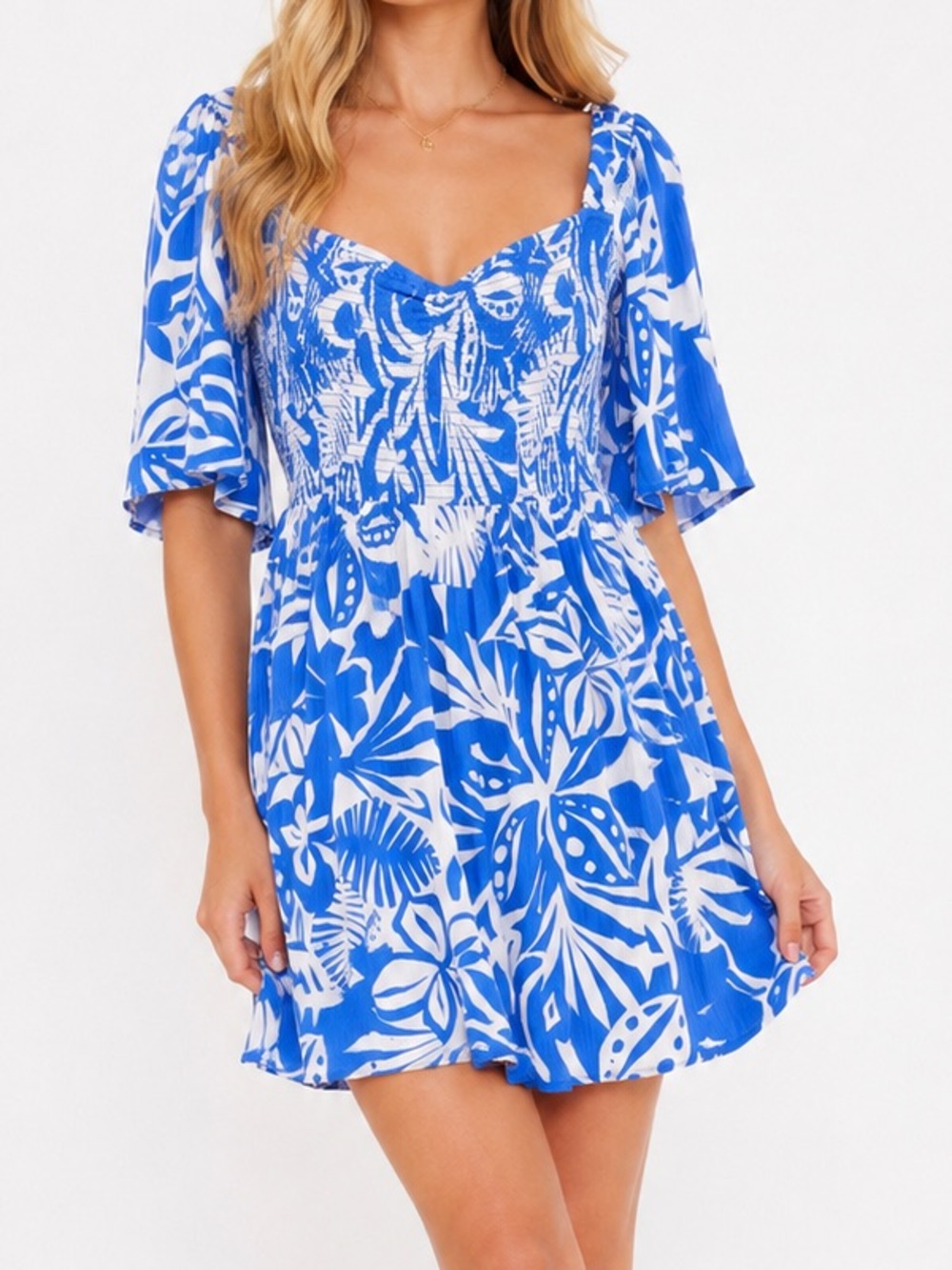 NWT Roxy Blue/White Tropical Floral Flutter Sleeve Smocked Mini Dress Size XL